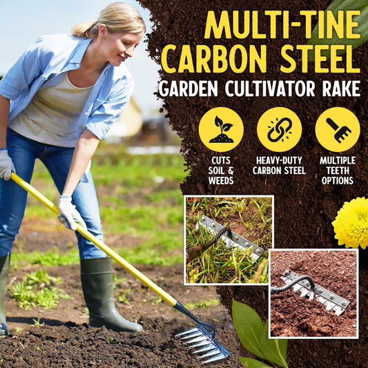 🌟Hot Sale! 🍃Multi-Tine Carbon Steel Garden Cultivator Rake – 5/6/7/8 Teeth Options Available